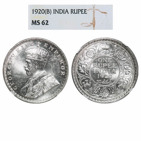 George V, Silver, Rupee, 1920, Bombay Mint, Dot. F. Prid 226. GK 1042. NGC Slabbed MS 62. 