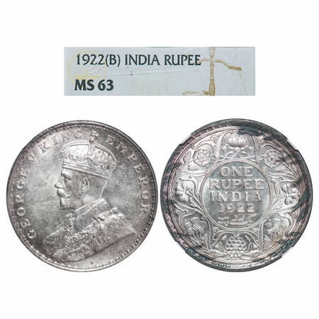 George V, Silver, Rupee, 1922, Bombay Mint, Dot. F. Prid 228. GK 1044. NGC Slabbed MS 63. 