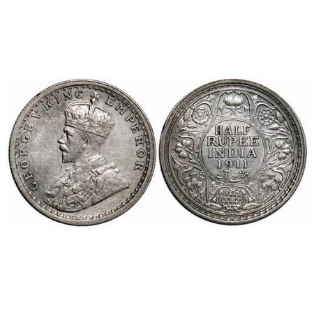 George V, Silver, Half Rupee, 1911, Calcutta Mint, No dot, Pig-Type. F. Prid 318. GK 1045.