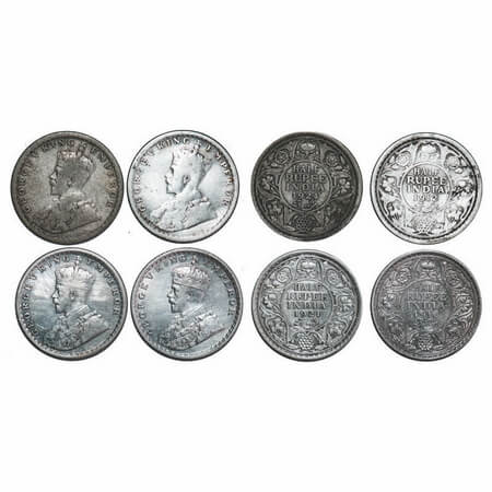 George V, Silver, Hlaf rupee, (4 coins), 1912, 1916, 1921, 1924, Calcutta Mint, No dot. F.