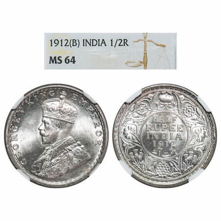 George V, Silver, Half Rupee, 1912, Bombay Mint, Dot, Re-Drawn Elephant. F. Prid 336. GK 1