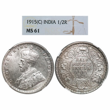 George V, Silver, Half Rupee, 1915, Calcutta Mint, No dot, Elephant. F. Prid 322. GK 1052.