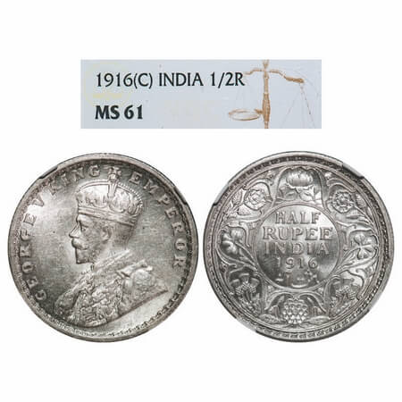 George V, Silver, Half Rupee, 1916, Calcutta Mint, No dot, Elephant. F. Prid 323. GK 1053.