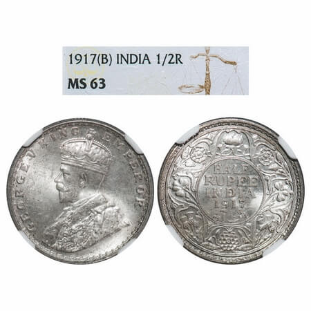 George V, Silver, Half Rupee, 1917, Bombay Mint, Dot, Elephant. F. Prid 341. GK 1055. NGC 