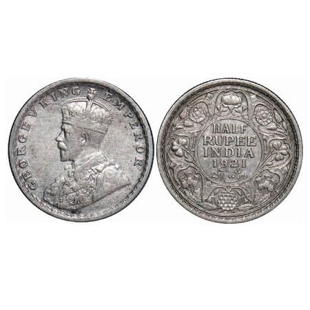 George V, Silver, Half Raupee, 1921, Calcutta Mint, No dot. F. Prid 324. GK 1058. Very Fin