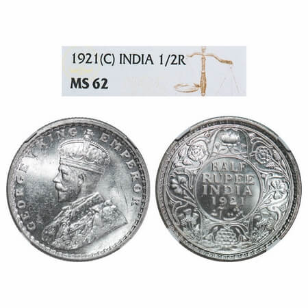 George V, Silver, Half Rupee, 1921, Calcutta Mint, No dot, Elephant. F. Prid 324. GK 1058.