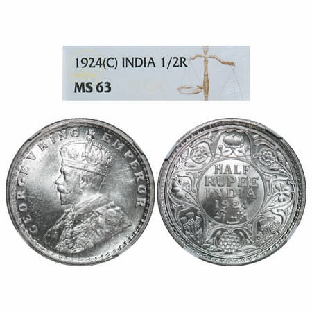 George V, Silver, Half Rupee, 1924, Calcutta Mint, No dot, Elephant. F. Prid 327. GK 1063.