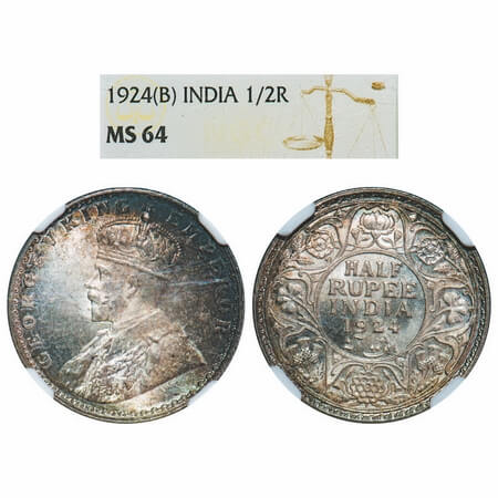 George V, Silver, Half Rupee, 1924, Bombay Mint, Dot, Elephant. F. Prid 346. GK 1064. NGC 