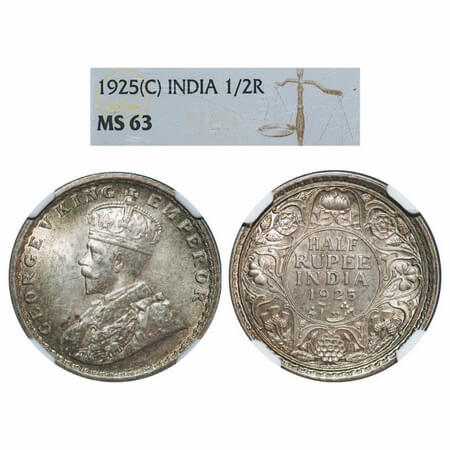 George V, Silver, Half Rupee, 1925, Calcutta Mint, No dot. F. Prid 328. GK 1065. NGC Slabb