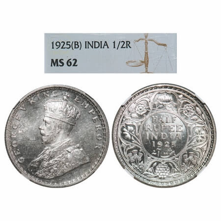 George V, Silver, Half Rupee, 1925, Bombay Mint, Dot. F. Prid 347. GK 1066. NGC Slabbed MS