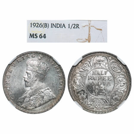 George V, Silver, Half Rupee, 1926, Bombay Mint, Dot. F. Prid 348. GK 1068. NGC Slabbed MS