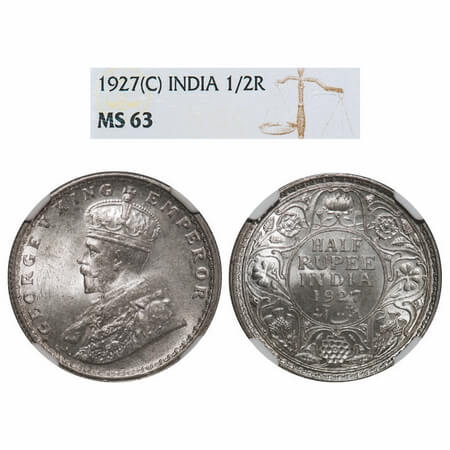 George V, Silver, Half Rupee, 1927, Calcutta Mint, No dot. F. Prid 330. GK 1069. NGC Slabb