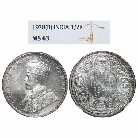 George V, Silver, Half Rupee, 1928, Bombay Mint, Dot, Elephant. F. Prid 349. GK 1070. NGC 