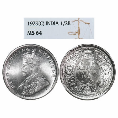 George V, Silver, Half Rupee, 1929, Calcutta Mint, No dot, Elephant. F. Prid 331. GK 1071.