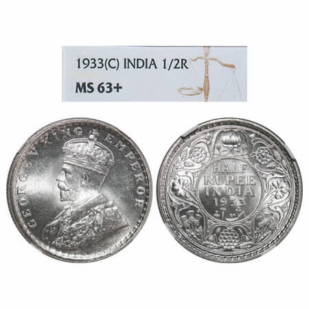 George V, Silver, Half Rupee, 1933, Calcutta Mint, No dot, Elephant. F. Prid 333. GK 1073.