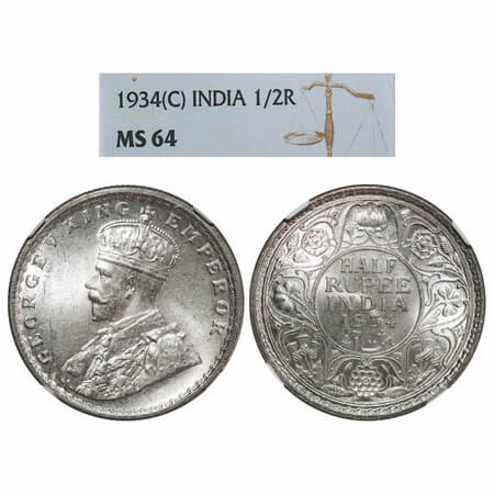 George V, Silver, Half Rupee, 1934, Calcutta Mint, No dot, Elephant. F. Prid 334. GK 1074.