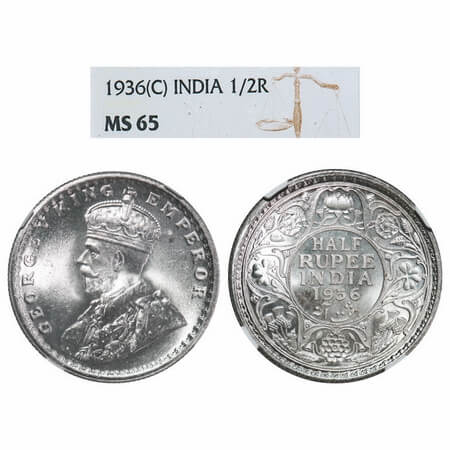 George V, Silver, Half Rupee, 1936, Calcutta Mint, No dot, Elephant. F. Prid 335. GK 1075.