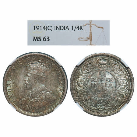 George V, Silver, 1/4 Rupee, 1914, Calcutta Mint, No dot. F. Prid 443. GK 1085. NGC Slabbe