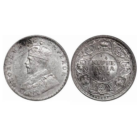 George V, Silver, 1/4 Rupee, 1914, Bombay Mint, Dot. F. Prid . 456. GK 1086. Brilliant Unc