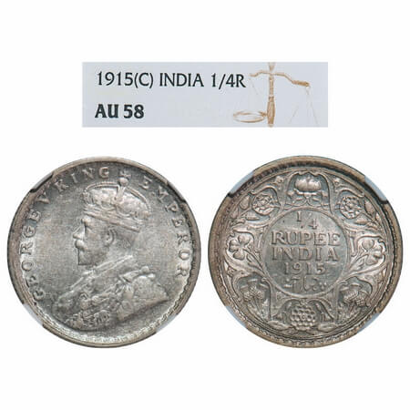George V, Silver, 1/4 Rupee, 1915, Calcutta Mint, No dot. F. Prid 444. GK 1087. NGC Slabbe