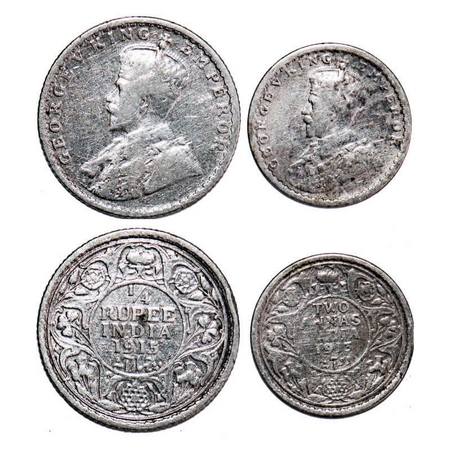 George V, Silver, (2 coins), 1) 1/4 Rupee, 1915, Bombay Mint, Dot, 2) 2 Annas, 1913, Calcu