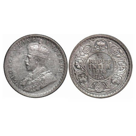 George V, Silver, 1/4 Rupee, 1916, Calcutta Mint, No dot. F. Prid 445. GK 1089. Brilliant 