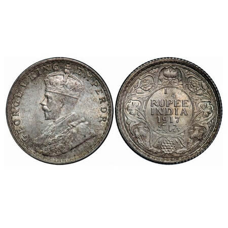 George V, Silver, 1/4 Rupee, 1917, Calcutta Mint, No dot. F. Prid 446. GK 1090. Uncirculat
