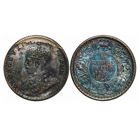 George V, Silver, 1/4 Rupee, 1918, Calcutta Mint, No dot. F. Prid 447. GK 1091. Brilliant 