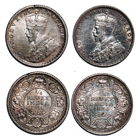 George V, Silver, 1/4 Rupee, (2 coins), 1) 1918, Calcutta Mint, No dot, 2) 1936, Bombay Mi