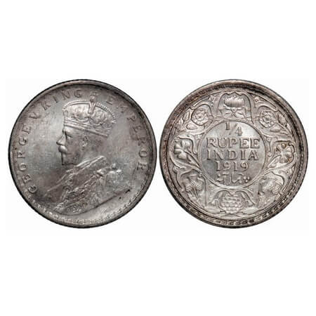 George V, Silver, 1/4 Rupee, 1919, Calcutta Mint, No dot. F. Prid . 448. GK 1092. Uncircul