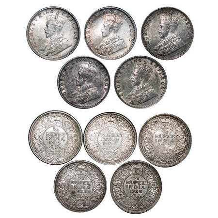 George V, Silver, 1/4 Rupee, (5 coins), 1) 1919, Calcutta Mint, No dot, 2) 1925, Bombay Mi