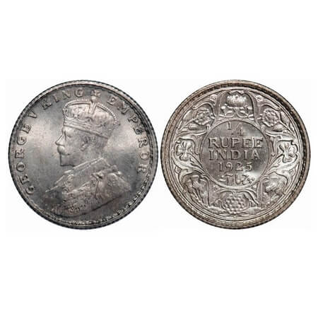George V, Silver, 1/4 Rupee, 1925, Bombay Mint, Dot. F. Prid 458. F. Prid. 458. GK 1093. B