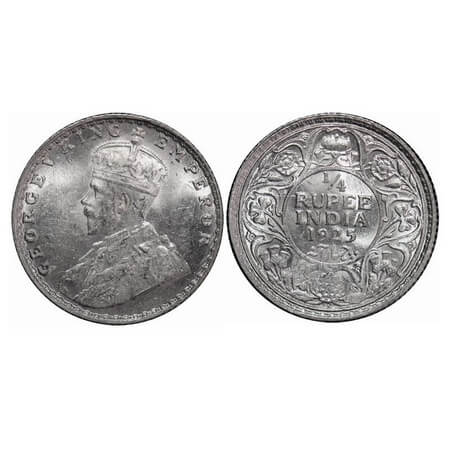 George V, Silver, 1/4 Rupee, 1925, Bombay Mint, Dot. F. Prid 458. GK 1093. Mint Grade. Rar