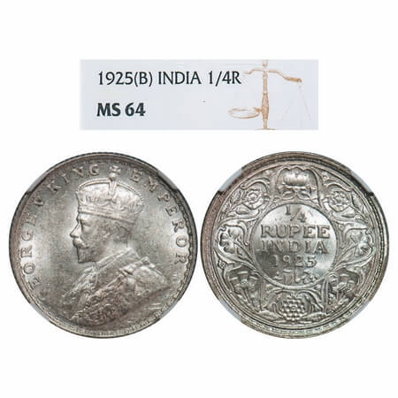 George V, Silver, 1/4 Rupee, 1925, Bombay Mint, Dot. F. Prid 458. GK 1093. NGC Slabbed MS 