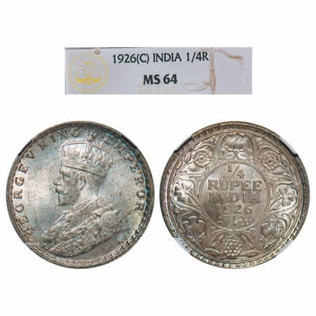 George V, Silver, 1/4 Rupee, 1926, Calcutta Mint, No dot. F. Prid 449. GK 1094. NGC Slabbe