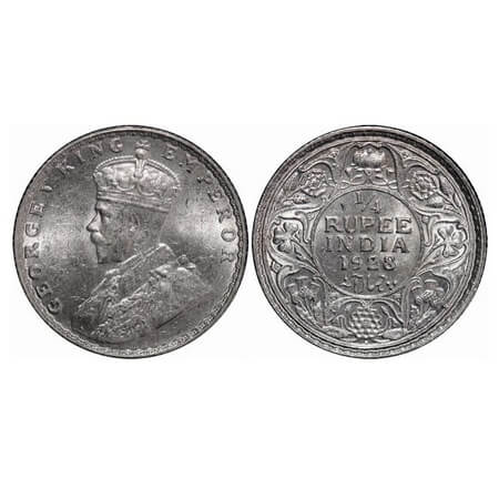 George V, Silver, 1/4 Rupee, 1928, Bombay Mint, Dot. F. Prid 459. GK 1095. Mint Grade. Rar