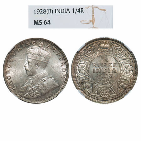 George V, Silver, 1/4 Rupee, 1928, Bombay Mint, Dot. F. Prid 459. GK 1095. NGC Slabbed MS 