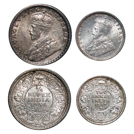 George V, Silver, (2 coins), 1) 1/4 Rupee, 1934, Calcutta Mint, No dot, 2) 2 Annas 1917, C