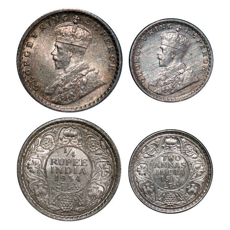 George V, Silver, (2 coins), 1) 1/4 Rupee, 1934, Calcutta Mint, No dot, 2) 2 Annas 1913, B