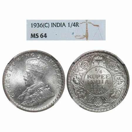 George V, Silver, 1/4 Rupee, 1936, Calcutta Mint, No dot. F. Prid 453. GK 1099. NGC Slabbe