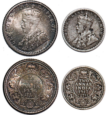 George V, Silver, 1/4 Rupee and 2 Annas, (2 coins), 1936, 1917, Calcutta Mint, No dot. F. 