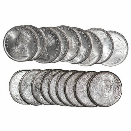 George V, Silver, 1/4 Rupee, 1936, (lot of 9 coins), Bombay Mint, Dot. F. Prid 460. GK 110
