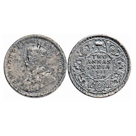 George V, Silver, 2 Annas, 1911, Calcutta Mint, No dot, Pig-Type. F. Prid 564. GK 1107. Fi
