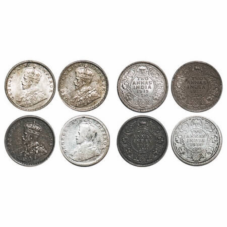 George V, Silver, 2 Annas, (4 coins), 1) 1913, Calcutta Mint, No dot, 2) 1914, Bombay Mint