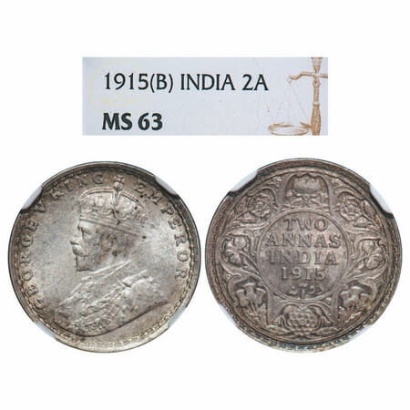 George V, Silver, 2 Annas, 1915, Bombay Mint, Dot. F. Prid. 574. GK 1115. NGC Slabbed MS 6