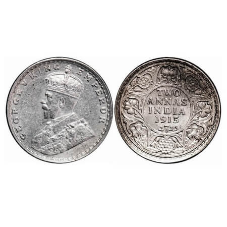 George V, Silver, 2 Annas, 1915, Bombay Mint, Dot. F. Prid. 574. GK 1115. Brilliant Uncirc