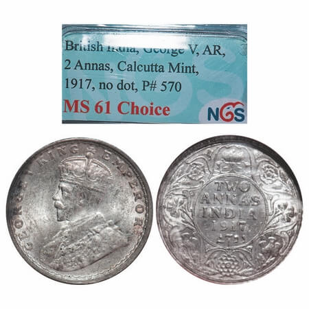 George V, Silver, 2 Annas, 1917, Calcutta Mint, No dot. F. Prid 570. GK 1117. NGS Slabbed