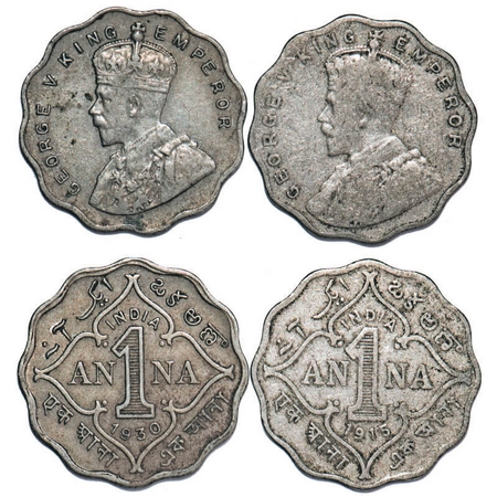 George V, Copper-Nickel, 1 Anna, (2 coins), 1) 1915, Bombay Mint, No dot, 2) 1930, Calcutt