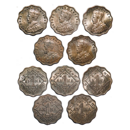 George V, Copper-Nickel, 1 Anna, (lot of 5 coins), 1)1914, Bombay Mint, No dot, 2) 1918, B