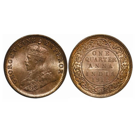 George V, Bronze, Quarter Anna, 1912, Calcutta Mint, No dot. F. Prid. 658. GK 1172. Mint G